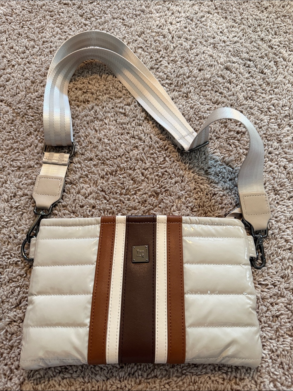 THINK ROYLN Ivory Quilted Crossbody with Brown and Tan Stripes